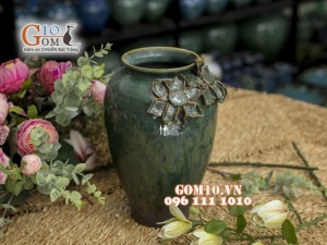 Lọ hoa men hỏa biến dáng chân thon, đắp nổi bông sen, cao 30cm