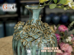 Lọ hoa men hỏa biến, dáng cổ nhỏ đắp nổi hoa hồng - Cao 50cm