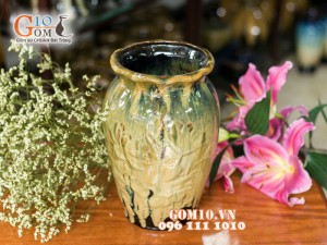 Lọ hoa men hỏa biến dáng miệng rộng khắc hoa 28cm