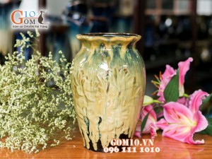 Lọ hoa men hỏa biến dáng miệng rộng khắc hoa 28cm