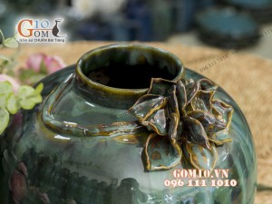 Lọ hoa men hỏa biến dáng tròn, đắp nổi hoa sen