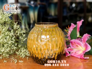 Lọ hoa men hỏa biến dáng vò sóng màu vàng 21cm