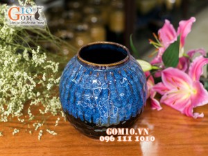 Lọ hoa men hỏa biến dáng vò sóng màu xanh đen 21cm