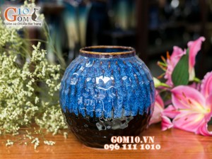 Lọ hoa men hỏa biến dáng vò sóng màu xanh đen 21cm
