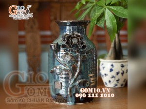 Lọ hoa men hỏa biến ngọc bích đắp nổi hoa mẫu 4
