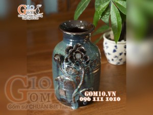 Lọ hoa men hỏa biến ngọc bích đắp nổi hoa mẫu 4