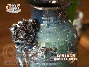Lọ hoa men hỏa biến ngọc bích đắp nổi hoa mẫu 4