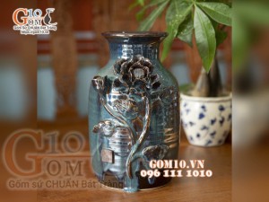 Lọ hoa men hỏa biến ngọc bích đắp nổi hoa mẫu 4