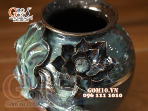 Lọ hoa men hỏa biến ngọc bích đắp nổi hoa mẫu 5