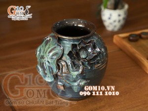 Lọ hoa men hỏa biến ngọc bích đắp nổi hoa mẫu 5