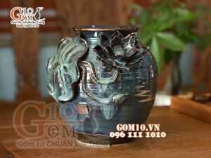 Lọ hoa men hỏa biến ngọc bích đắp nổi hoa mẫu 5