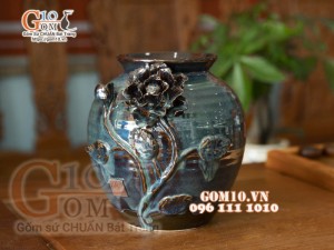 Lọ hoa men hỏa biến ngọc bích đắp nổi hoa sen, cao 21cm