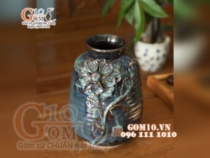 Lọ hoa men hỏa biến ngọc bích đắp nổi hoa sen, cao 23cm