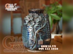 Lọ hoa men hỏa biến ngọc bích đắp nổi hoa sen, cao 23cm