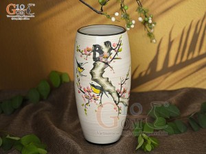 Lọ hoa men kem dáng bom vẽ hoa Đào phai, cao 33cm