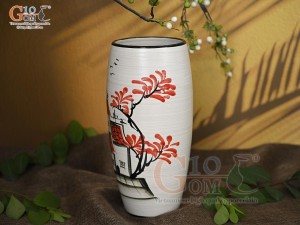 Lọ hoa men kem dáng bom vẽ Phố Cổ, cao 30cm