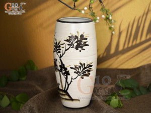 Lọ hoa men kem dáng bom vẽ Phố Cổ nâu, cao 33cm