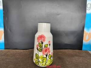 Lọ hoa men kem dáng cổ chày vẽ hoa Hồng, cao 20cm