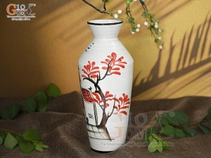 Lọ hoa men kem dáng cổ thắt chân thon vẽ Phố Cổ, cao 28cm