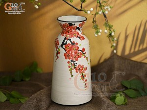 Lọ hoa men kem dáng cổ thắt vẽ hoa Đào đỏ, cao 28cm