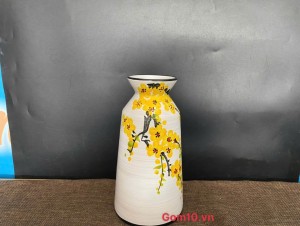 Lọ hoa men kem dáng cổ thắt vẽ hoa Mai vàng, cao 22cm