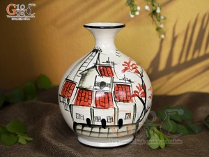 Lọ hoa men kem dáng hút lộc vẽ Phố Cổ, cao 24cm
