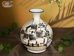 Lọ hoa men kem dáng hút lộc vẽ Phố Cổ nâu, cao 24cm