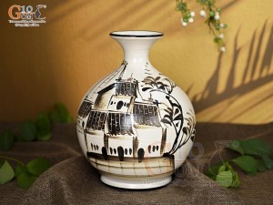 Lọ hoa men kem dáng hút lộc vẽ Phố Cổ nâu, cao 24cm