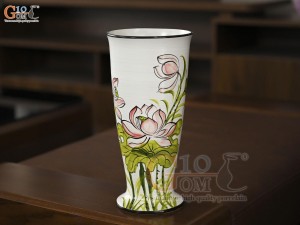 Lọ hoa men kem dáng ly cúp vẽ hoa Sen, cao 33cm