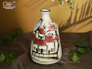 Lọ hoa men kem dáng miệng nhỏ vẽ Phố Cổ, cao 24cm