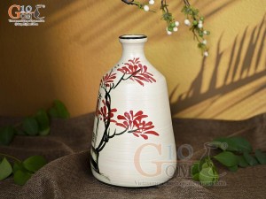 Lọ hoa men kem dáng miệng nhỏ vẽ Phố Cổ, cao 24cm