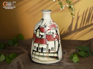 Lọ hoa men kem dáng miệng nhỏ vẽ Phố Cổ, cao 24cm