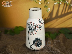 Lọ hoa men kem dáng miệng thon vẽ hoa Bồ Công Anh, cao 23cm
