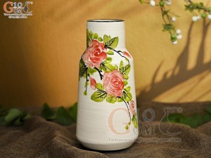 Lọ hoa men kem dáng miệng thon vẽ hoa Hồng, cao 20cm
