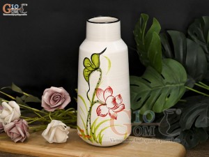 Lọ hoa men kem dáng miệng thon vẽ hoa Sen đỏ, cao 23cm