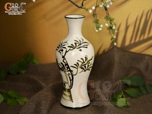 Lọ hoa men kem dáng thon vẽ Phố Cổ nâu, cao 26cm