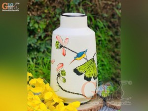 Lọ hoa men kem dáng trụ vẽ hoạ tiết chim hoa, cao 25cm