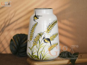 Lọ hoa men kem dáng vát vẽ bông Lúa, cao 23cm