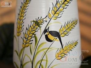 Lọ hoa men kem dáng vát vẽ bông Lúa, cao 23cm