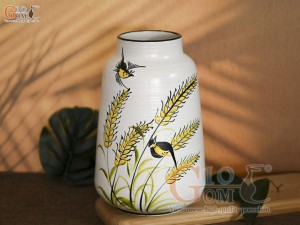 Lọ hoa men kem dáng vát vẽ bông Lúa, cao 23cm