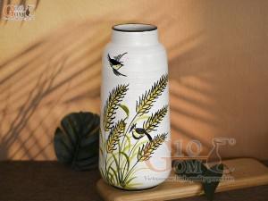 Lọ hoa men kem dáng vát vẽ bông Lúa, cao 30cm