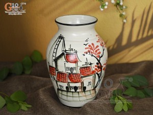 Lọ hoa men kem dáng vò cao vẽ hoa Đào phai, cao 24cm