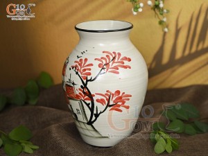 Lọ hoa men kem dáng vò cao vẽ hoa Đào phai, cao 24cm