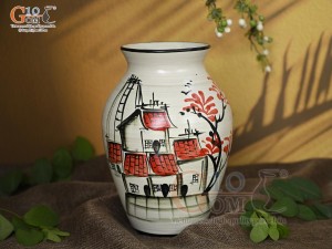 Lọ hoa men kem dáng vò cao vẽ hoa Đào phai, cao 24cm