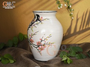 Lọ hoa men kem dáng vò cao vẽ hoa Đào phai, cao 24cm