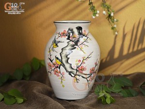 Lọ hoa men kem dáng vò cao vẽ hoa Đào phai, cao 24cm