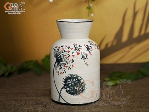 Lọ hoa men kem miệng loe vẽ hoa Bồ Công Anh, cao 23cm