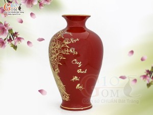 Lọ hoa men màu dáng chân thon họa tiết Công Danh Phú Quý vàng kim, nền đỏ cao 35cm