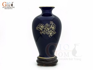 Lọ hoa men màu dáng chân thon họa tiết Công Đào vàng kim, nền xanh coban cao 30cm