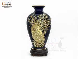 Lọ hoa men màu dáng chân thon họa tiết Công Đào vàng kim, nền xanh coban cao 35cm